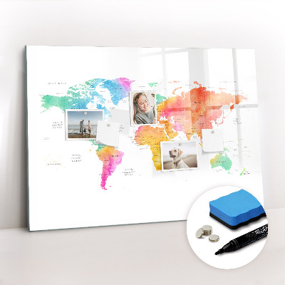 Tableau effaçable magnétique Carte du monde à l'aquarelle