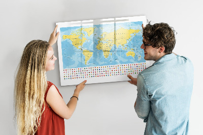 Tableau magnétique mural Carte du monde et drapeaux