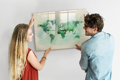 Tableau effaçable magnétique Carte du monde à l'aquarelle