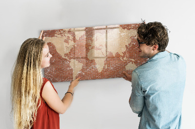 Tableau verre magnétique Carte du monde sur brique