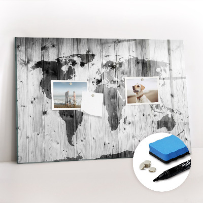 Tableau verre magnétique Carte du monde sur bois