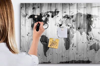 Tableau verre magnétique Carte du monde sur bois