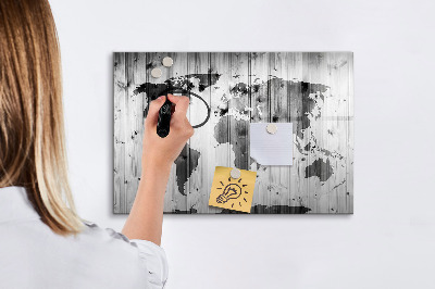 Tableau verre magnétique Carte du monde sur bois