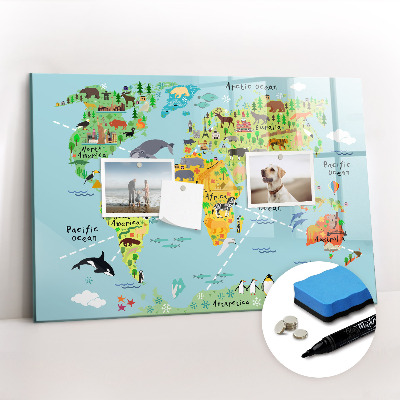 Tableau effaçable magnétique Carte du monde avec des animaux